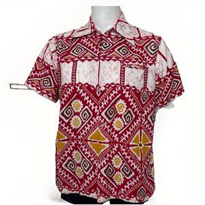 Vintage 70s Hawaiian Shirt Mens M Mid Century Tiki Button Up Batik Tribal Print